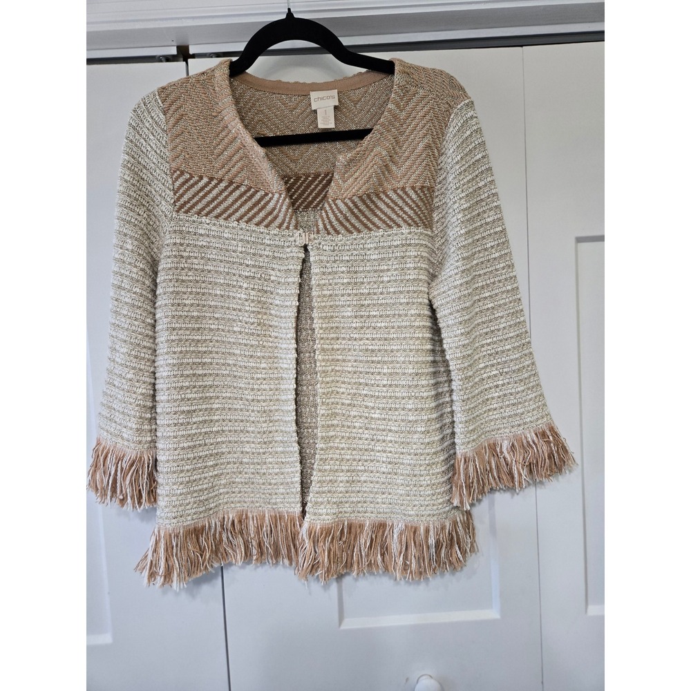 Chicos Metallic Knit Fringe Cardigan Tan Gold Chevron Open Front Size 1 M
